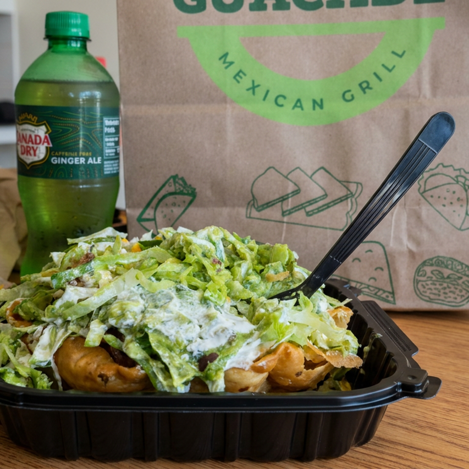 Takeout container of Mexican-style loaded fries topped with lettuce, creamy sauce, and vegetables beside ginger ale and a branded paper bag.
