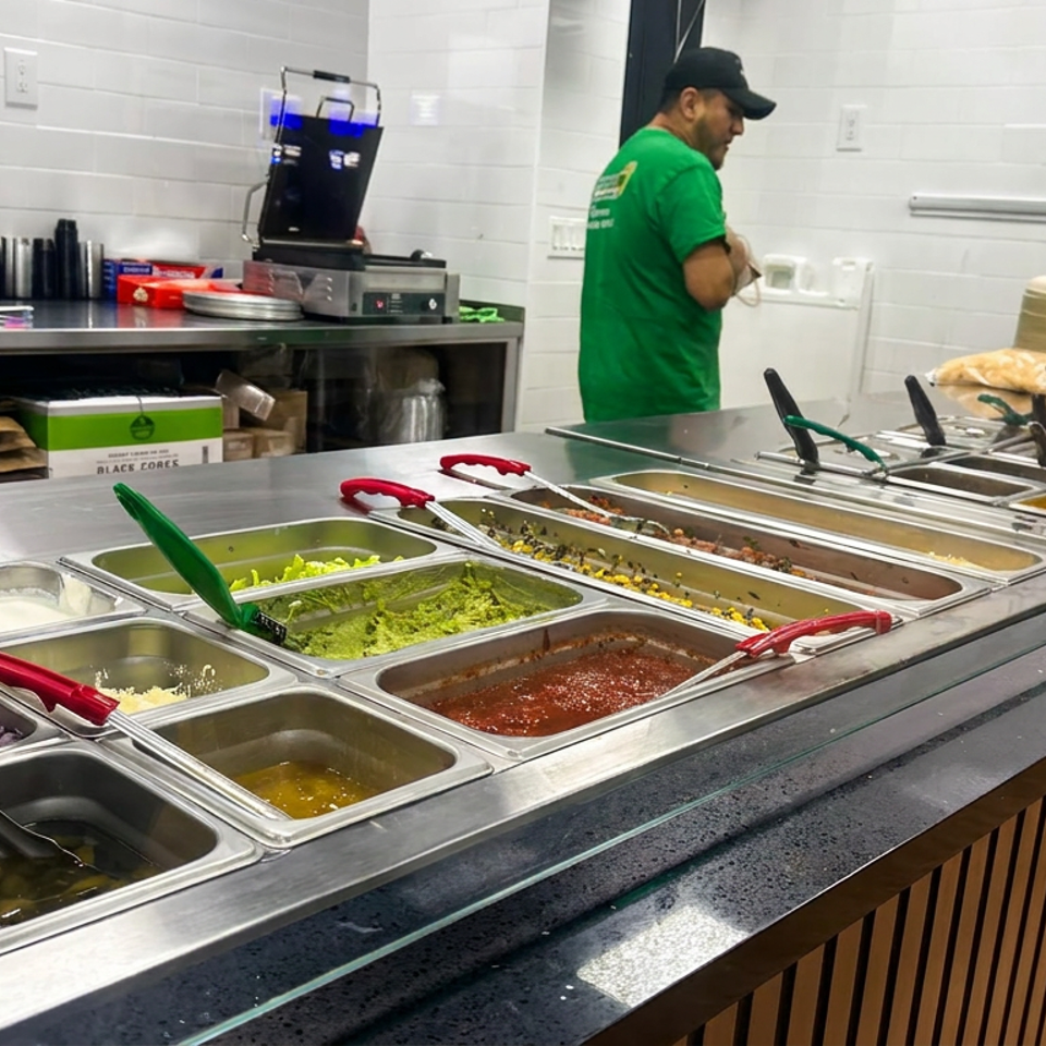 Restaurant serving counter with metal pans of colorful toppings, sauces, utensils, and an employee preparing food behind the counter.