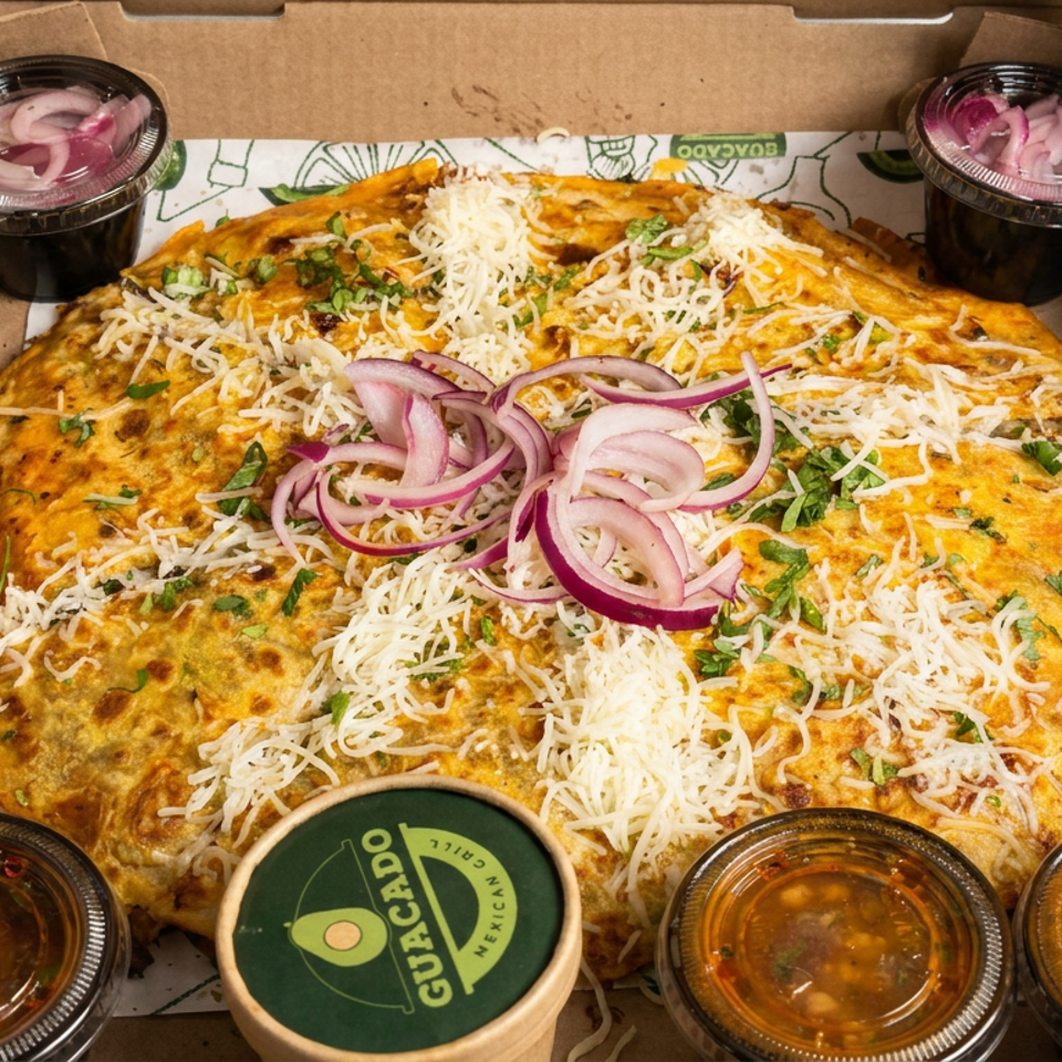 Large golden cheesy Mexican-style flatbread topped with shredded cheese, red onions, and cilantro, surrounded by small cups of sauces.