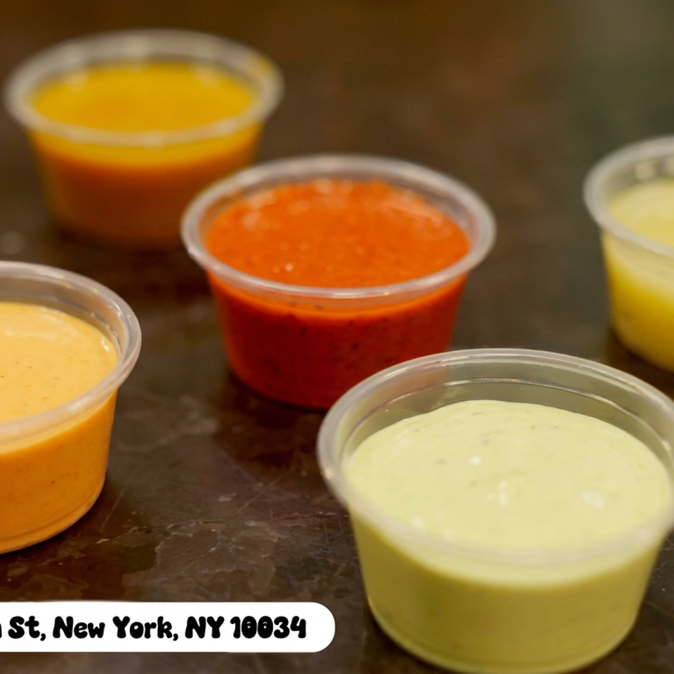 Five plastic cups of colorful Mexican sauces arranged on a dark countertop, with Guacado Mexican Grill branding and address visible.