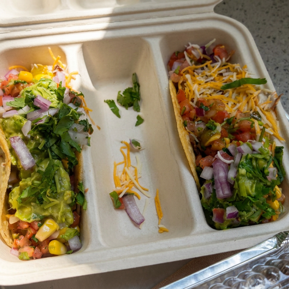 Two hard-shell tacos topped with guacamole, salsa, shredded cheese, cilantro, and diced onions in a compostable container.