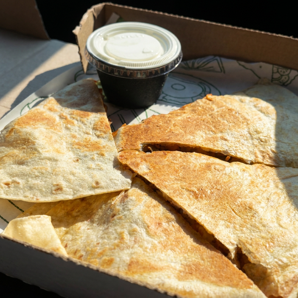Golden-brown quesadilla wedges in a cardboard takeout box with a small container of dipping sauce.