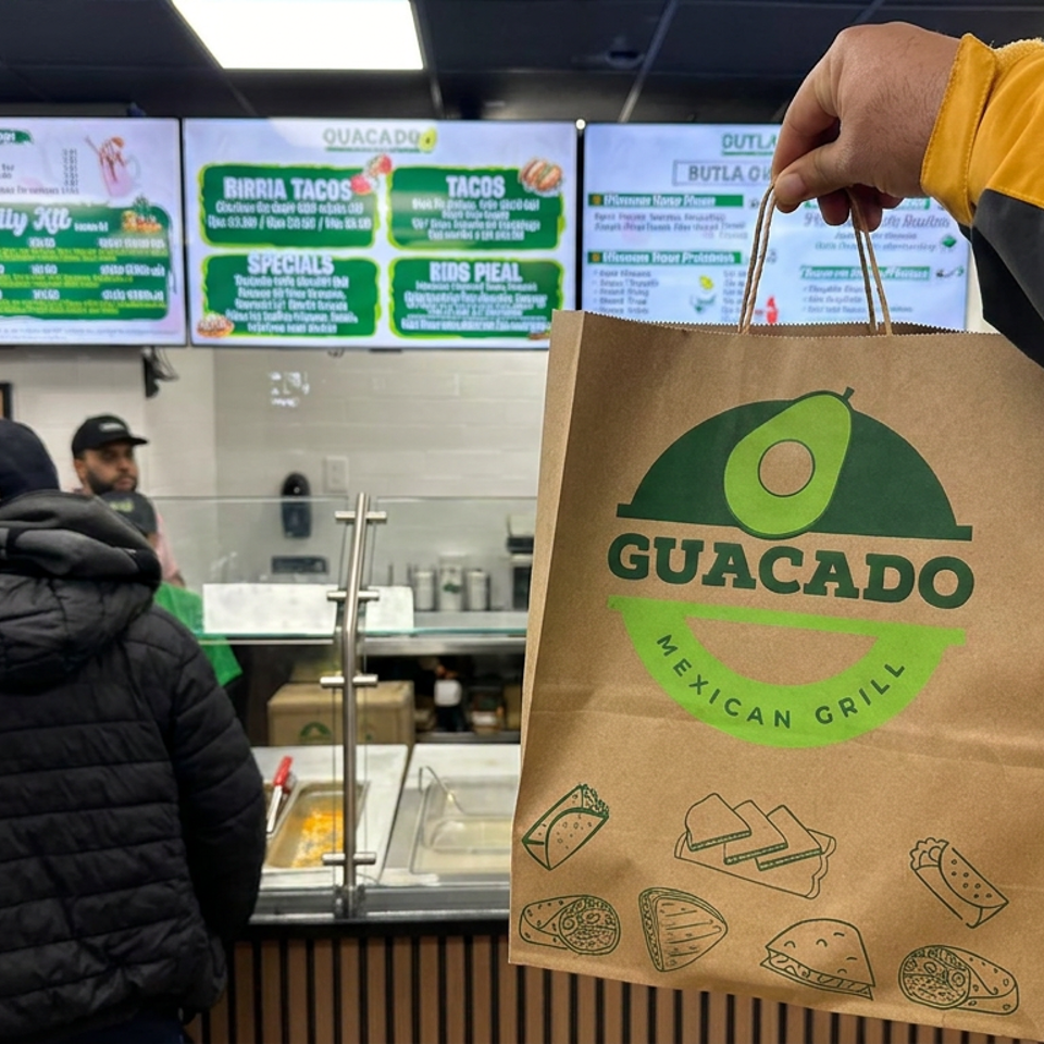 A hand holds a Guacado Mexican grill bag before a restaurant counter with menu boards and a customer.