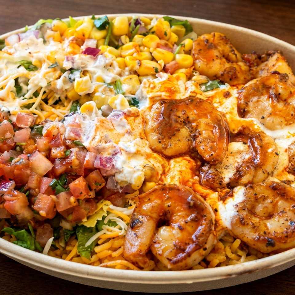 Loaded bowl with grilled shrimp, seasoned rice, corn, lettuce, pico de gallo, shredded cheese, and creamy dressing.