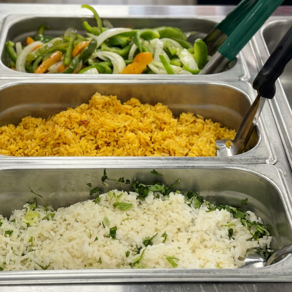 Buffet serving trays hold cilantro rice, yellow seasoned rice, and sautéed peppers and onions with serving utensils.