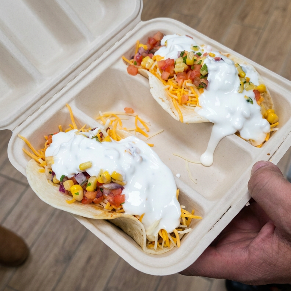 Two soft tacos topped with shredded cheese, diced tomatoes, corn, salsa, and sour cream in a takeout container.