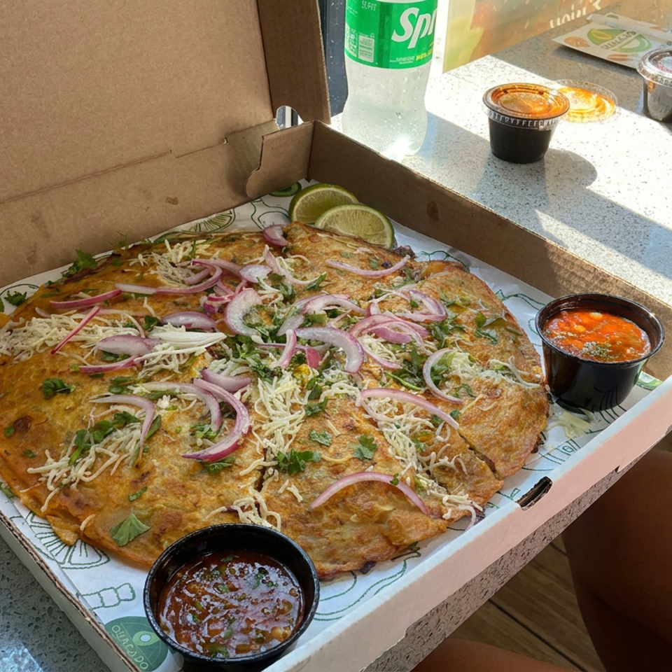 Large golden flatbread topped with red onions, shredded cheese, cilantro, and lime wedges, served with sauces in a takeout box.