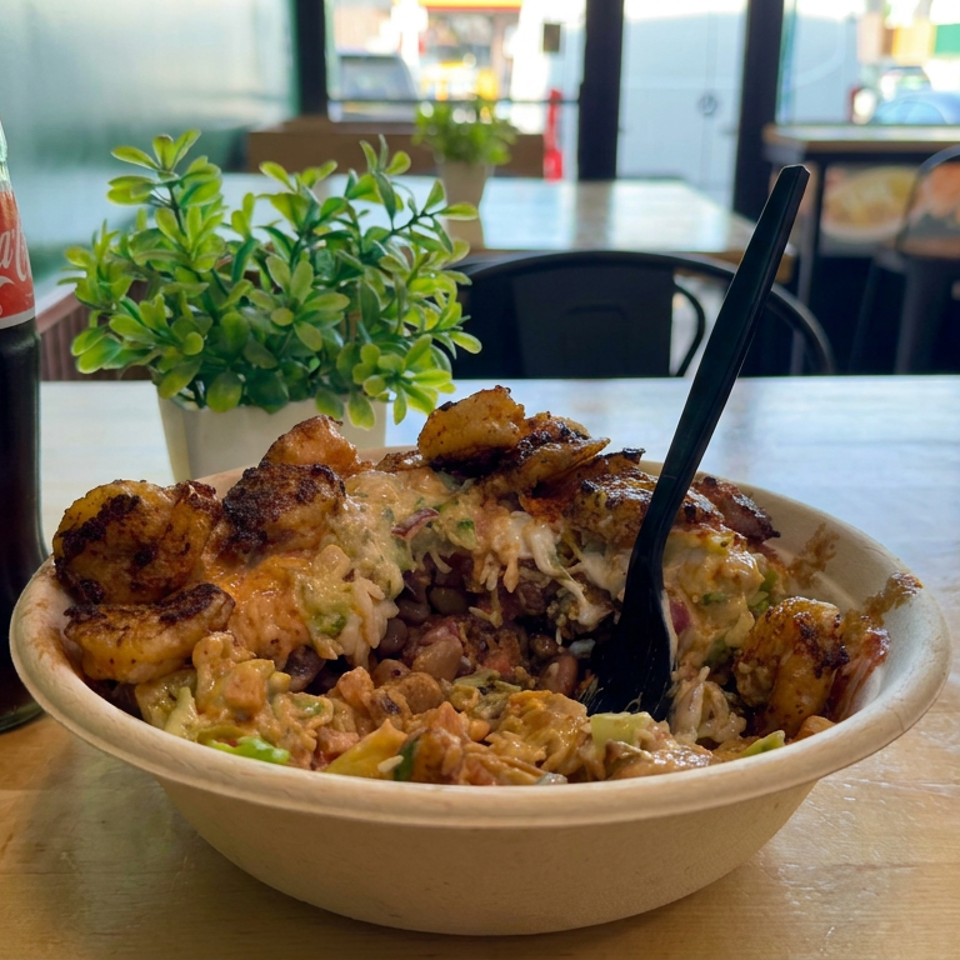 Bowl of rice topped with grilled shrimp and creamy sauce beside a glass Coca-Cola in a casual restaurant.