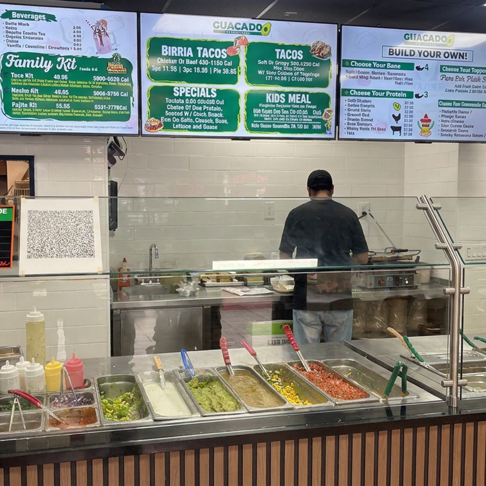 Guacadoo restaurant counter with a worker, colorful taco ingredients in metal trays, and overhead menu boards.
