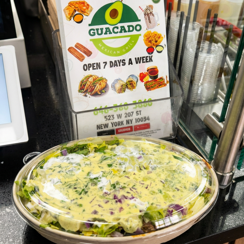 Covered bowl of Mexican-style salad with lettuce, onions, and creamy dressing beside a Guacado Mexican Grill sign.