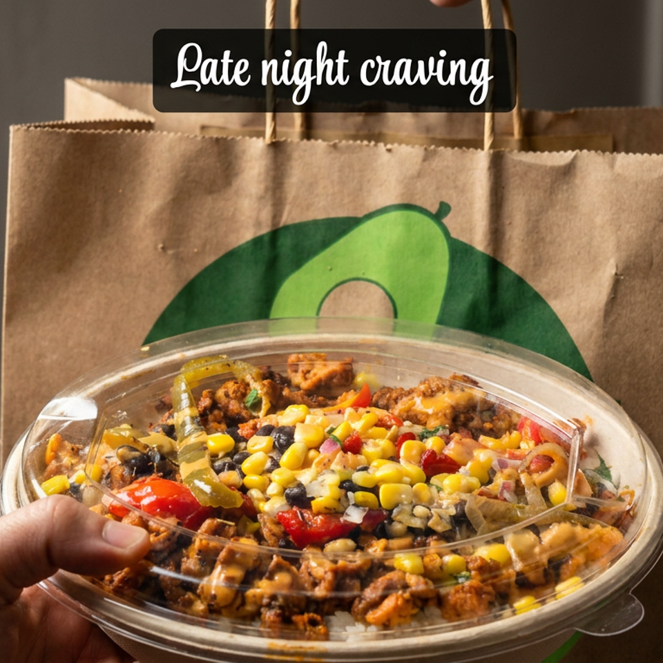 Hand holds a takeout bowl of rice topped with seasoned meat, corn, black beans, peppers, and onions beside a restaurant bag.