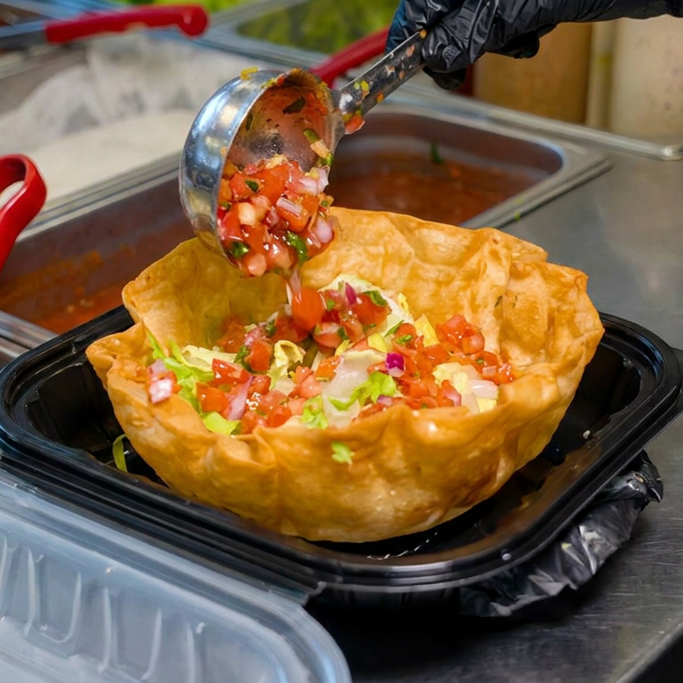 Crispy tortilla bowl filled with lettuce and pico de gallo, while a gloved hand adds salsa at a restaurant food counter.