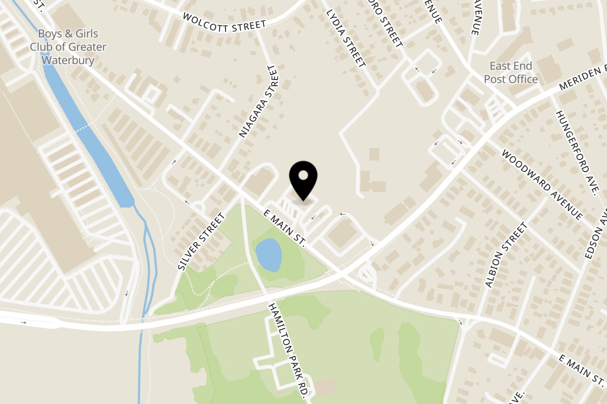 Map showing the location of Guacado Mexican Grill Waterbury on 1405 E Main St in Waterbury