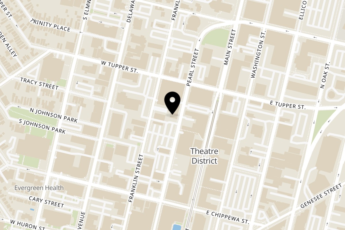 Map showing the location of Guacado Mexican Grill Buffalo on 490 Pearl St in Buffalo